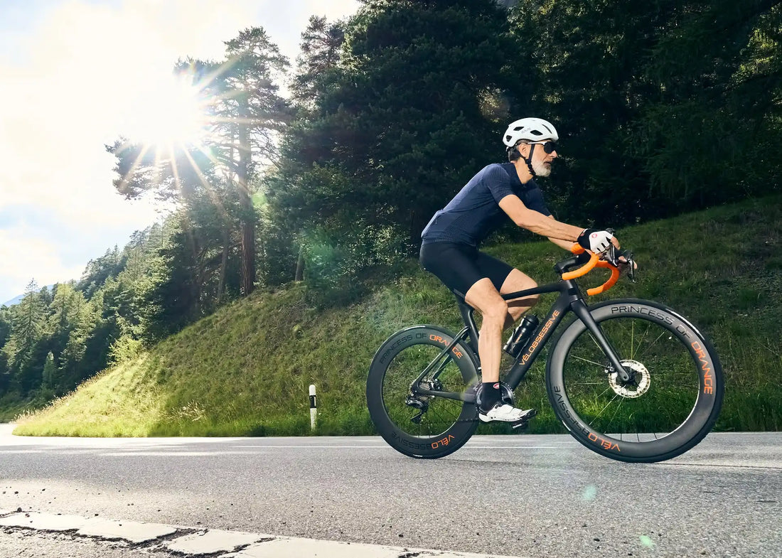 Cyclist riding a Vélobsessive road bike outdoors