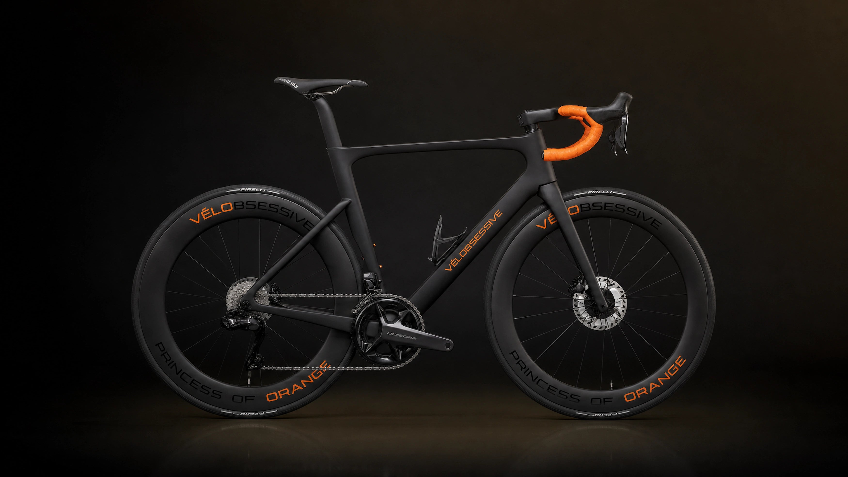 Horizontal Image of Vélobsessives Princess of Orange Road Bike on a Black background with subtle orange gradient.